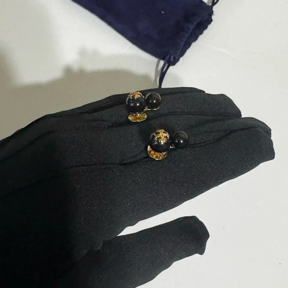 Tory Burch I Women’s I Earrings- Double-StudsI I Black-Gold Tone I Tory Burch